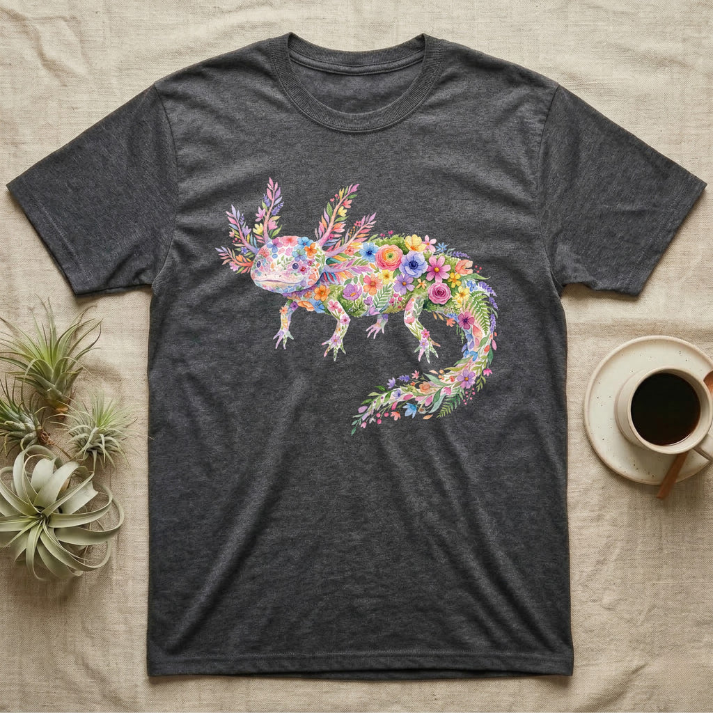 Axolotl Watercolour Mosaic T-Shirt in Dark Heather — Watercolour mosaic axolotl made of painted flowers and leaf blades, gill plumes fanned, petals trailing from its tail
