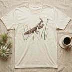 Ghost Mantis Watercolour T-Shirt in Natural — Watercolour ghost mantis standing still in profile with forelegs folded, watching a single fruit fly perched on a grass tip.