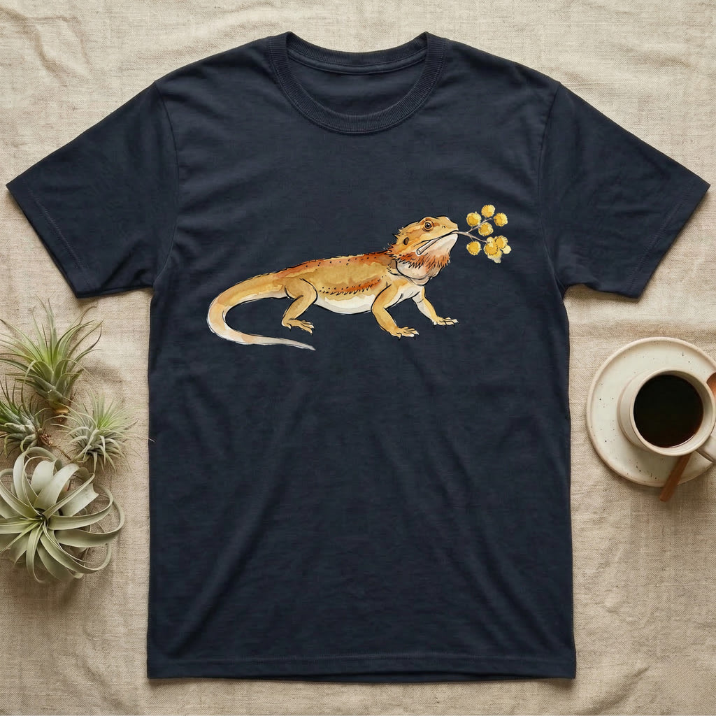 Bearded Dragon Blossom T-Shirt in Navy — Watercolor illustration of an ochre bearded dragon holding a golden wattle blossom sprig, on a dark grey t-shirt.