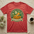 Bearded Dragon Haunted Sanctuary T-Shirt in Heather Red — Vintage badge of a bearded dragon on glowing pumpkins under a moon, "Bearded Dragon Haunted Sanctuary."