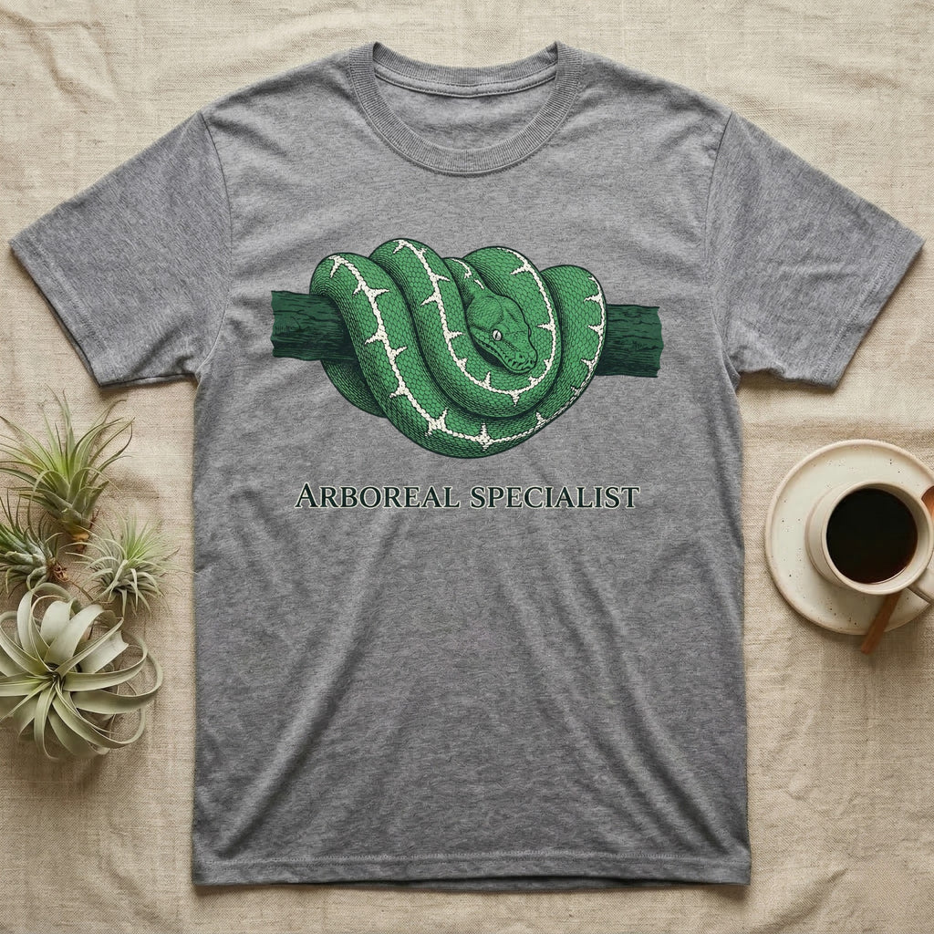 Grey t-shirt with coiled green arboreal snake graphic and "Arboreal Specialist" text.