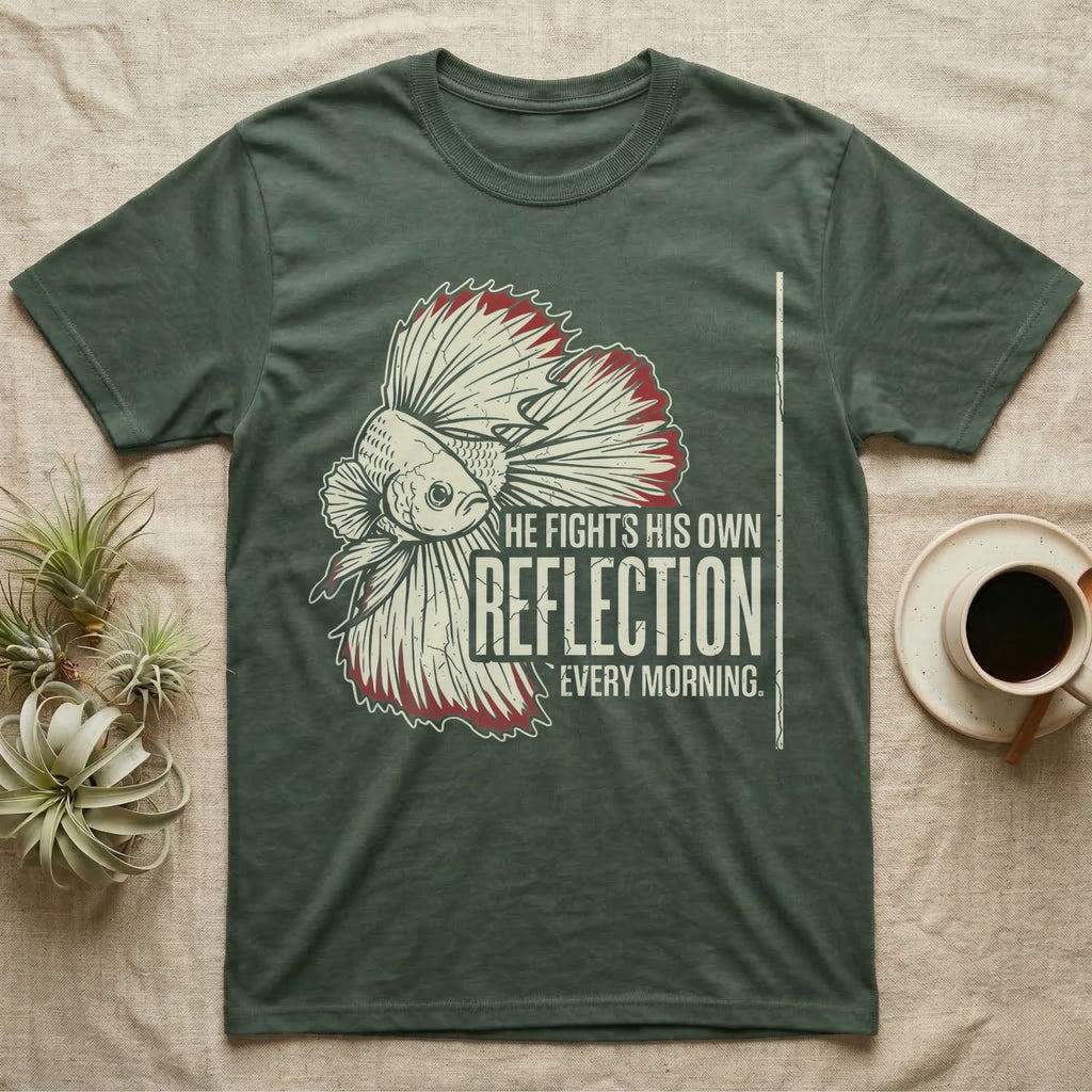 Betta Fights His Reflection T-Shirt in Military Green — Grunge-distressed betta in full flare display with red fin accents and type "He Fights His Own Reflection Every Morning."