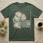 Betta Fights His Reflection T-Shirt in Military Green — Grunge-distressed betta in full flare display with red fin accents and type "He Fights His Own Reflection Every Morning."