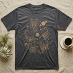 Scorpion Cosmic T-Shirt in Dark Heather — Vintage screen-print illustration of scorpions in astronaut helmets floating in space, cosmic amber monochromatic on dark background.