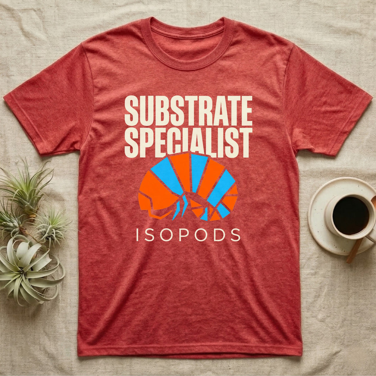 Isopod Substrate Specialist T-Shirt in Heather Red — Geometric orange and blue rolled isopod between bold "Substrate Specialist" and "Isopods" lettering.