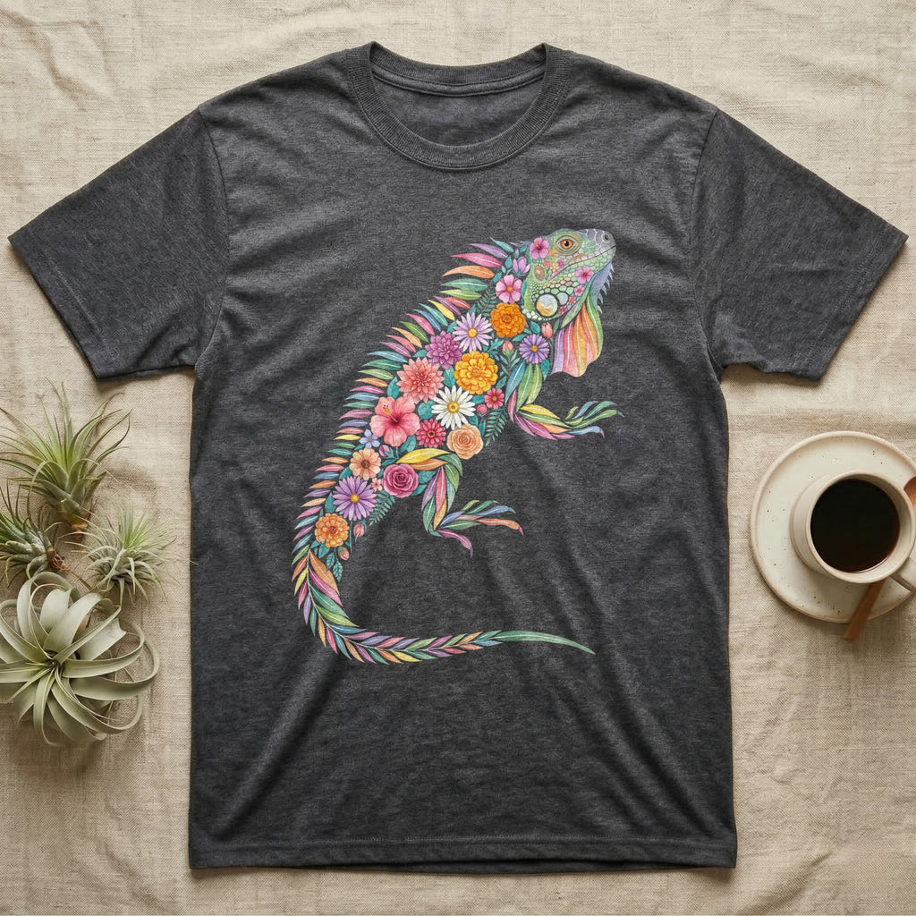 Green Iguana Floral Mosaic T-Shirt in Dark Heather — Watercolour green iguana climbing, its whole body built from painted hibiscus, dandelion and leaf shapes.
