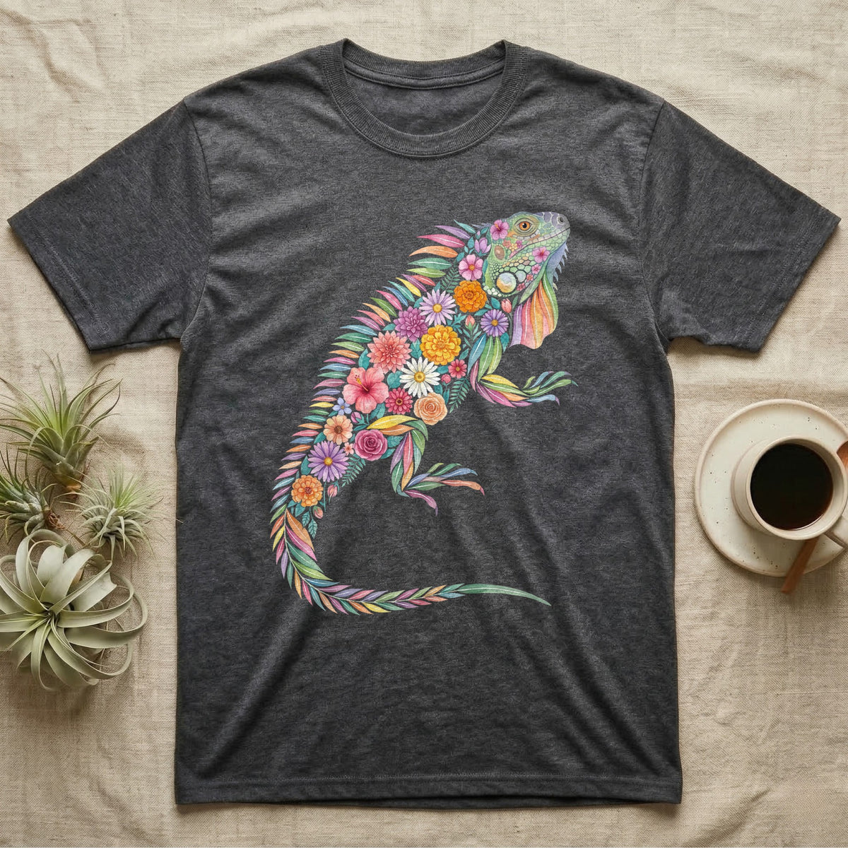 Green Iguana Floral Mosaic T-Shirt in Dark Heather — Watercolour green iguana climbing, its whole body built from painted hibiscus, dandelion and leaf shapes.