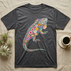 Green Iguana Floral Mosaic T-Shirt in Dark Heather — Watercolour green iguana climbing, its whole body built from painted hibiscus, dandelion and leaf shapes.