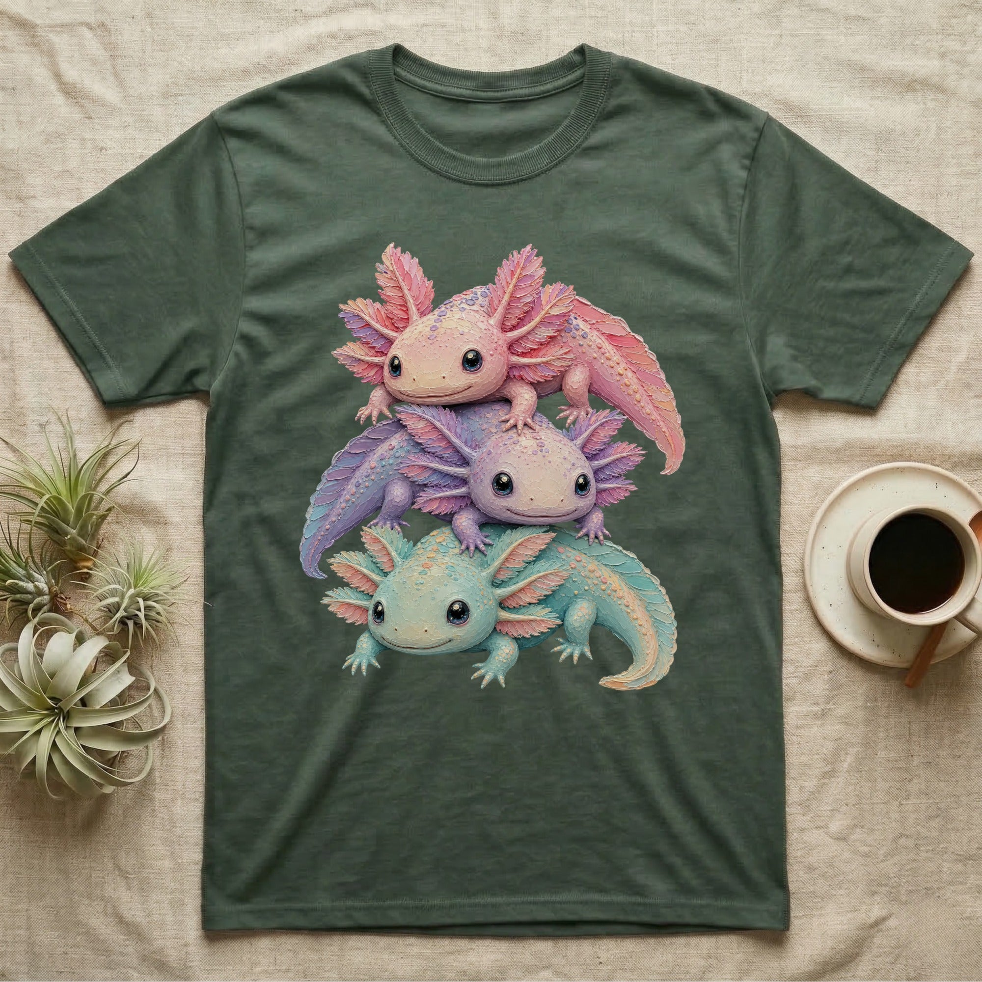 Three stacked axolotls with pastel colors on a dark green t-shirt.