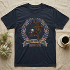 Leopard Gecko 1776 T-Shirt in Navy — Vintage badge of a leopard gecko in an Uncle Sam hat with laurel wreath and flags, banner reading Strollin' For Reptiles Since 1776.