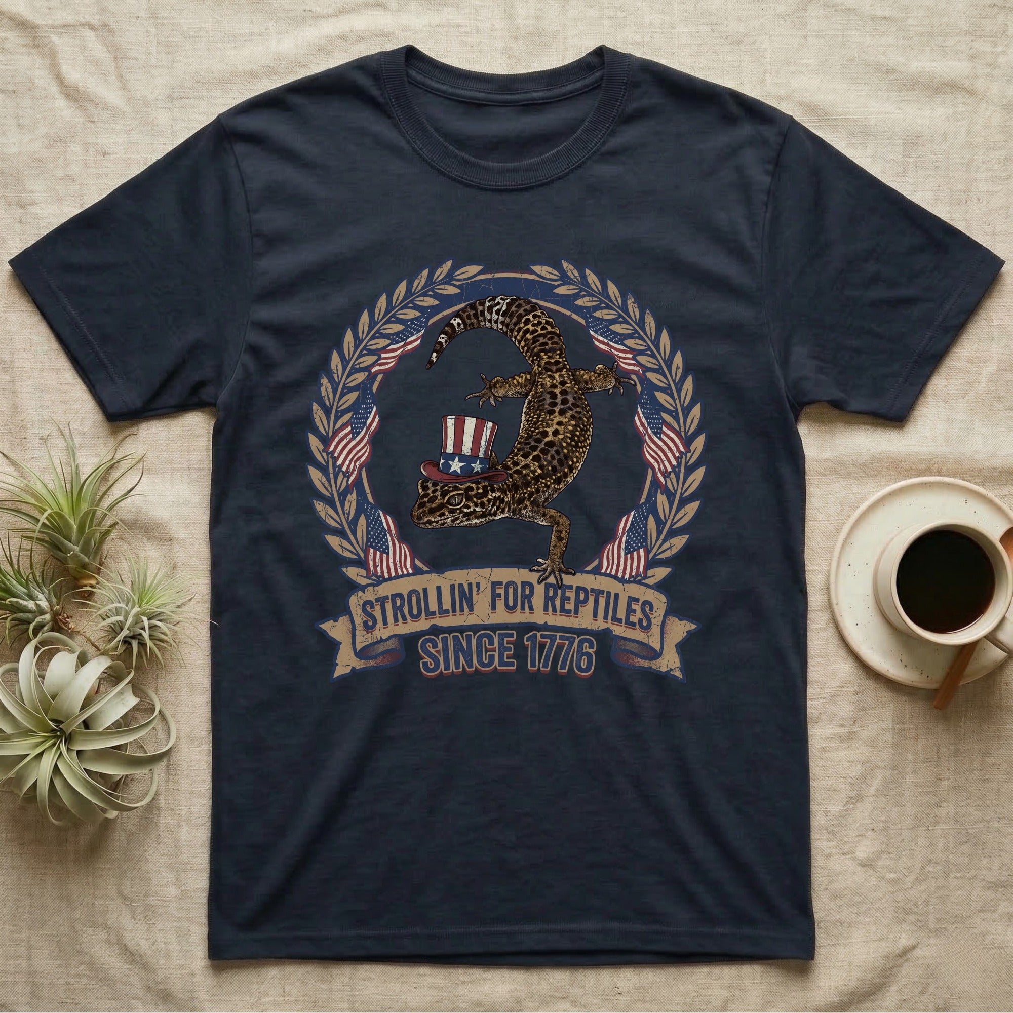 Leopard Gecko 1776 T-Shirt in Navy — Vintage badge of a leopard gecko in an Uncle Sam hat with laurel wreath and flags, banner reading Strollin' For Reptiles Since 1776.