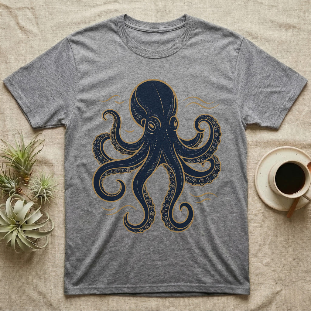 Grey t-shirt with a navy and gold octopus graphic.