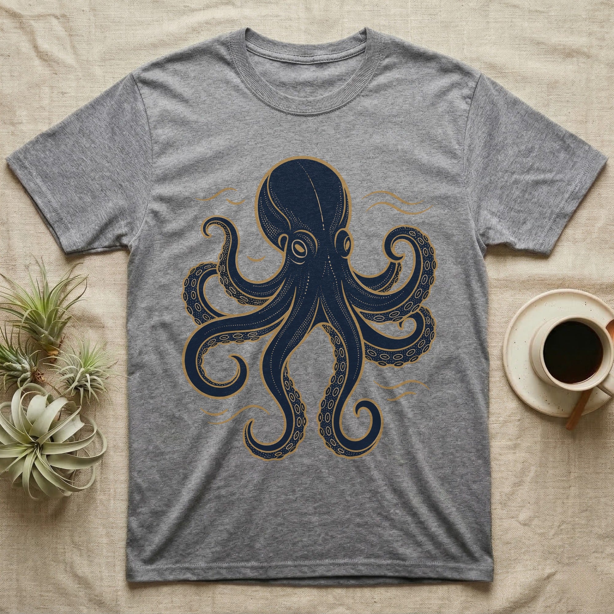 Grey t-shirt with a navy and gold octopus graphic.
