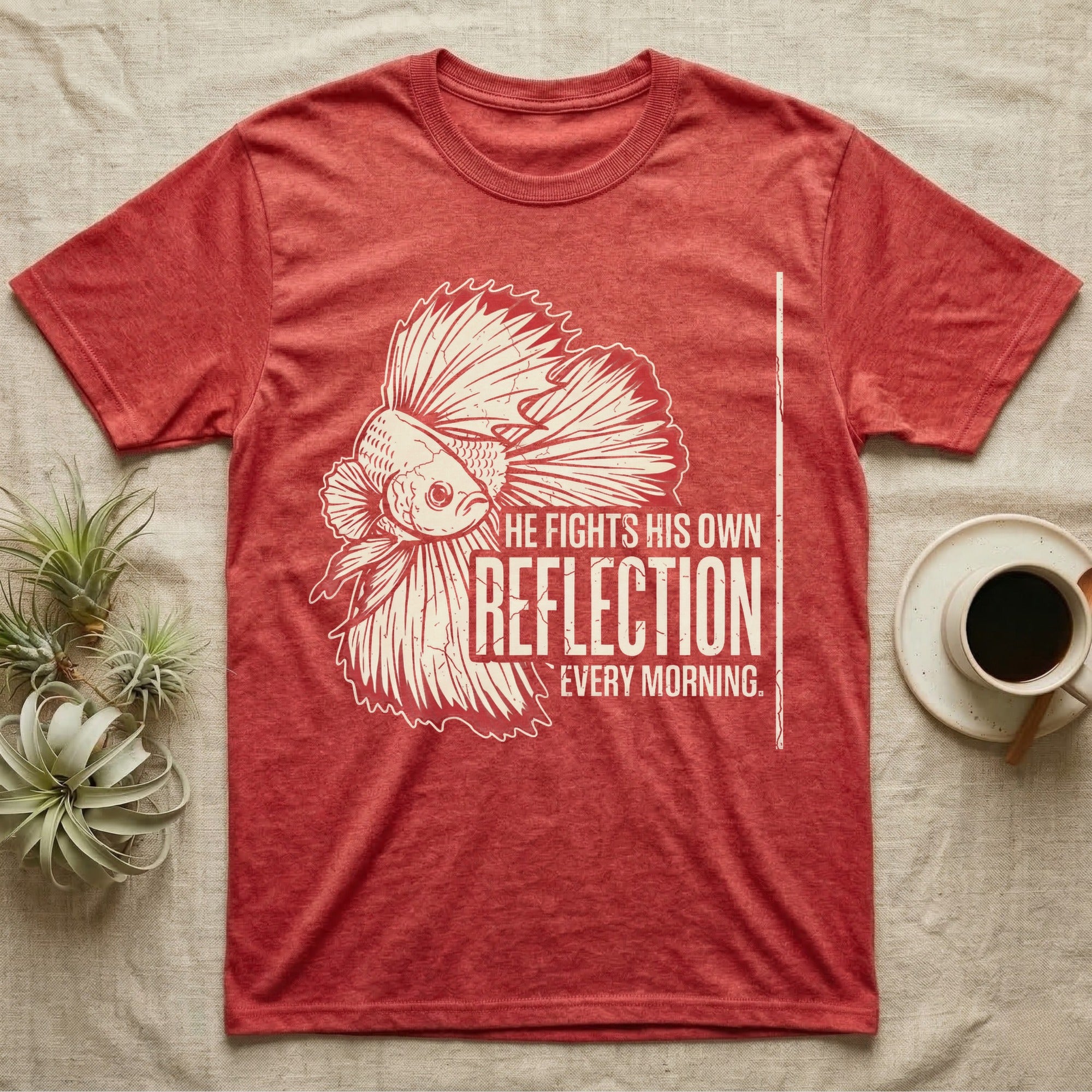Betta Fights His Reflection T-Shirt in Heather Red — Grunge-distressed betta in full flare display with red fin accents and type "He Fights His Own Reflection Every Morning."