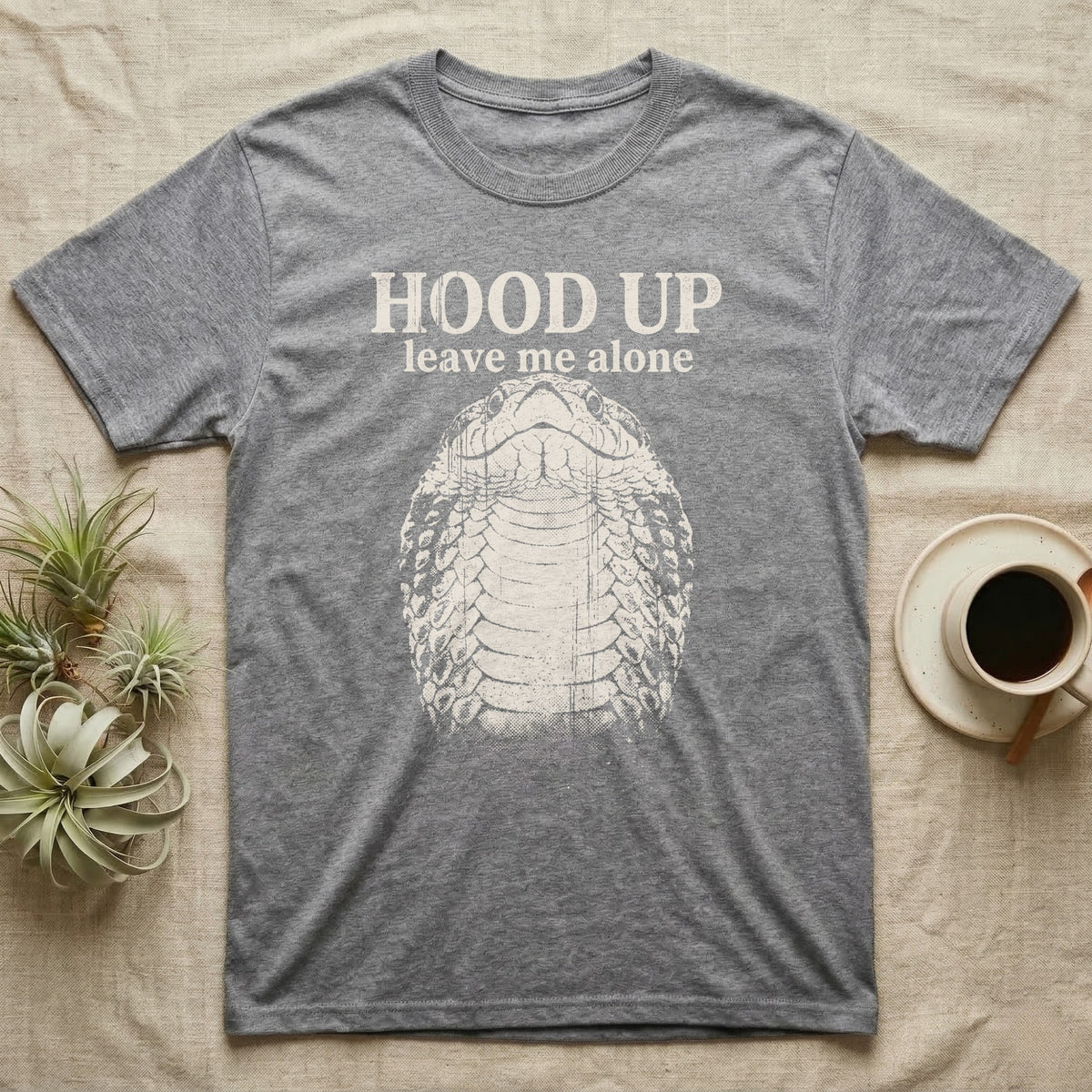 Hognose Hood Up T-Shirt in Sport Grey — Gritty white print of a western hognose reared up front-on with its neck flattened, under the words HOOD UP, leave me alone, on black