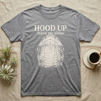 Hognose Hood Up T-Shirt in Sport Grey — Gritty white print of a western hognose reared up front-on with its neck flattened, under the words HOOD UP, leave me alone, on black