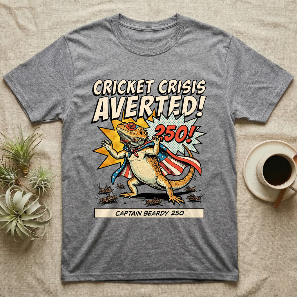 Bearded Dragon Superhero T-Shirt in Sport Grey — Retro comic bearded dragon superhero in a flag cape with a 250 blast and text Cricket Crisis Averted, Captain Beardy.