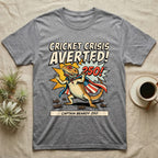 Bearded Dragon Superhero T-Shirt in Sport Grey — Retro comic bearded dragon superhero in a flag cape with a 250 blast and text Cricket Crisis Averted, Captain Beardy.