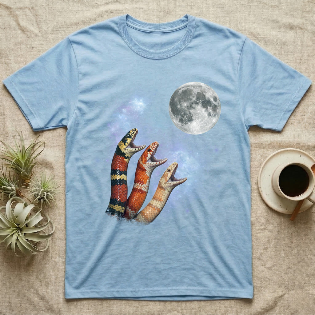 Milk Snake Moon Howl T-Shirt in Light Blue — Three Milk Snake colour morphs howling at a full moon over a nebula on a dark grey t-shirt.