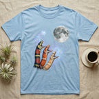 Milk Snake Moon Howl T-Shirt in Light Blue — Three Milk Snake colour morphs howling at a full moon over a nebula on a dark grey t-shirt.