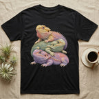 Black t-shirt featuring a stacked illustration of three colorful bearded dragons.