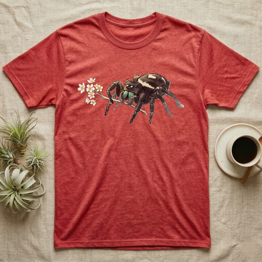 Jumping Spider Blossom T-Shirt in Heather Red — Watercolor illustration of a black regal jumping spider with iridescent eyes holding a tiny wildflower sprig, on a dark grey t-shirt.