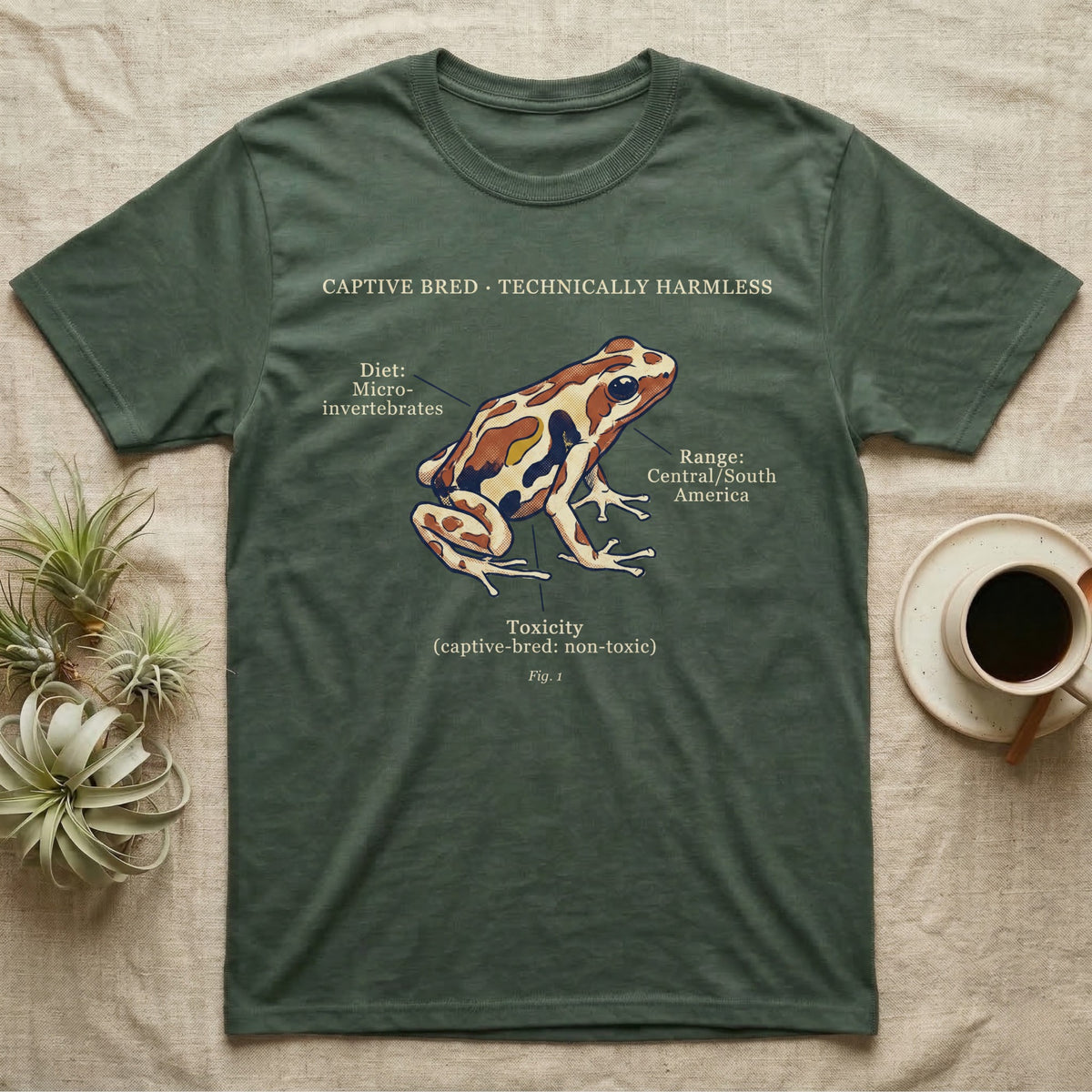 Captive Bred Dart Frog T-Shirt in Military Green — Retro science-plate illustration of a labeled dart frog with field-guide callouts and a captive-bred non-toxic note.
