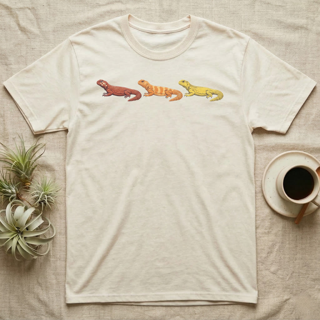 Uromastyx Colour Morph Trio T-Shirt in Natural — Three uromastyx lizards in a row, painted in thick raised relief — brick red, tangerine orange and lemon yellow morphs.