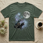 Tokay Gecko Moon Howl T-Shirt in Military Green — Three Tokay Gecko colour morphs howling at a full moon over a nebula on a dark grey t-shirt.