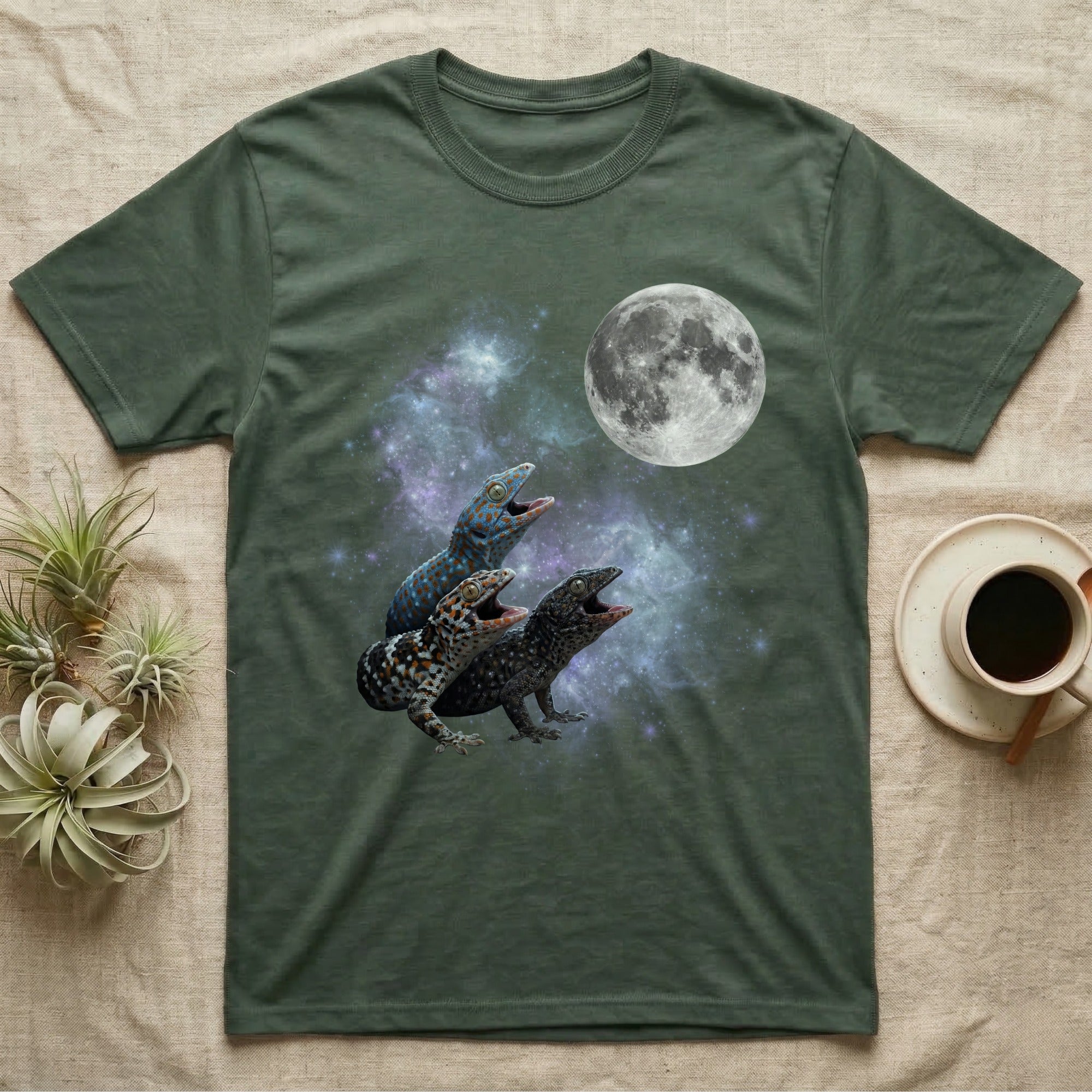 Tokay Gecko Moon Howl T-Shirt in Military Green — Three Tokay Gecko colour morphs howling at a full moon over a nebula on a dark grey t-shirt.