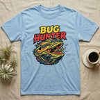 Light blue t-shirt with "Bug Hunter" text and a lizard eating a grasshopper.