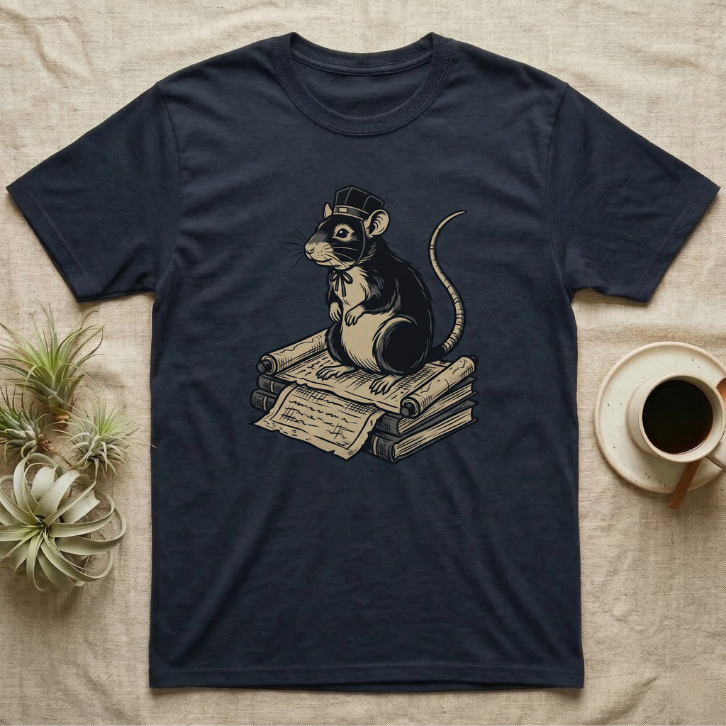 T-shirt with a rat wearing a hat sitting on books.