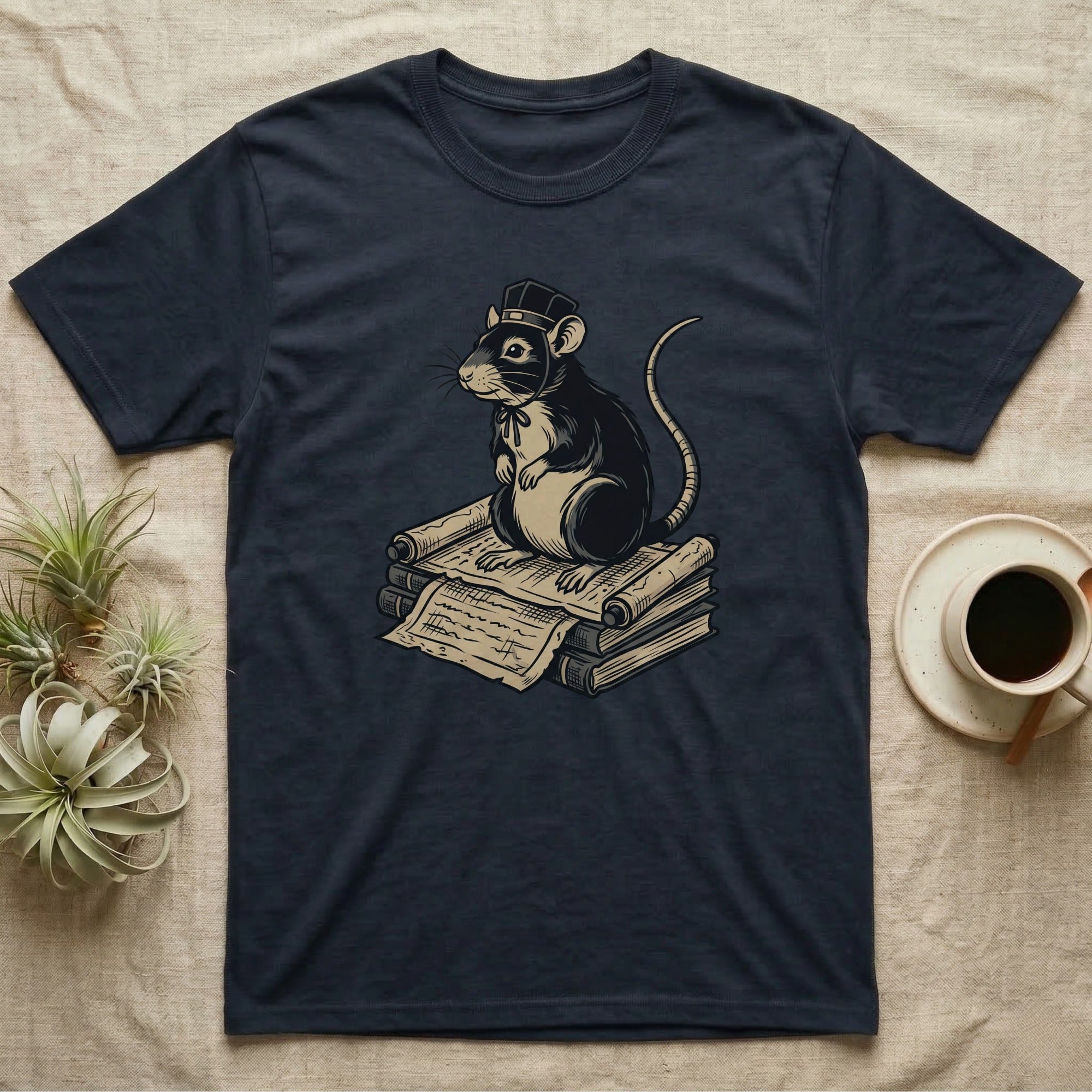 T-shirt with a rat wearing a hat sitting on books.