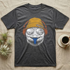 Blue-Tongued Skink Headphones T-Shirt in Dark Heather — Engraved blue-tongued skink with cobalt tongue out, wearing a beanie and headphones, aviators reflecting the outback.