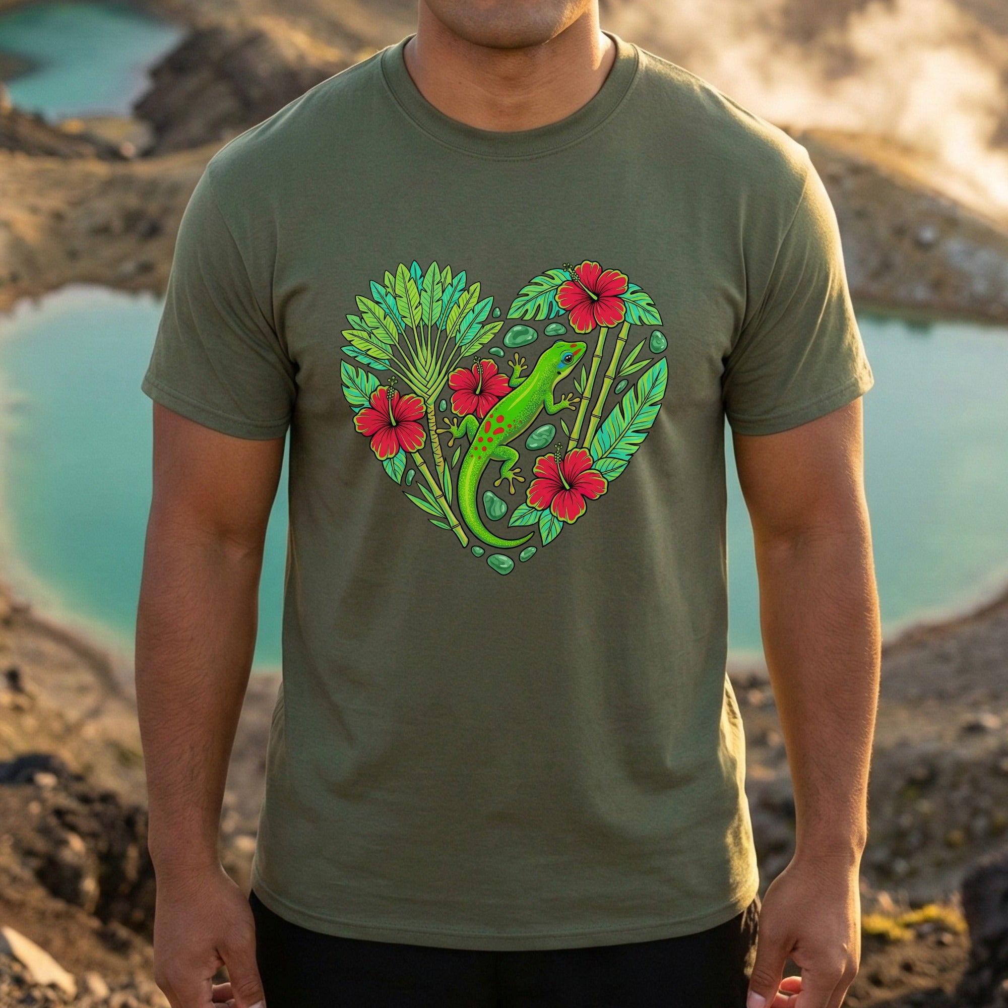 Vibrant Lizard And Floral Heart Design T-shirt