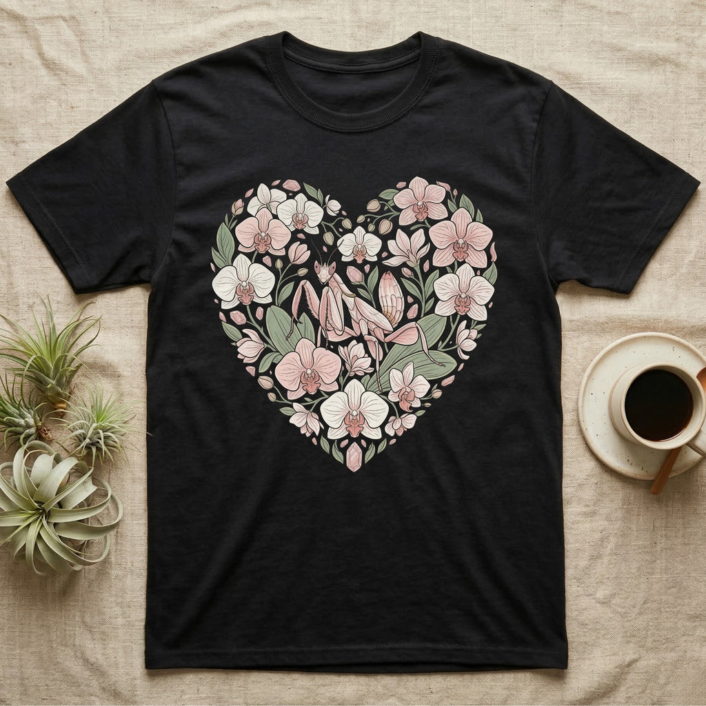Black t-shirt with a heart-shaped floral design featuring orchids and a praying mantis.