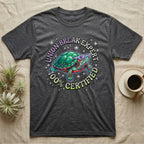 Red-Eared Slider Union Break T-Shirt in Dark Heather — Y2K cartoon red-eared slider turtle in sunglasses with chrome "Union Break Expert 100% Certified" lettering.