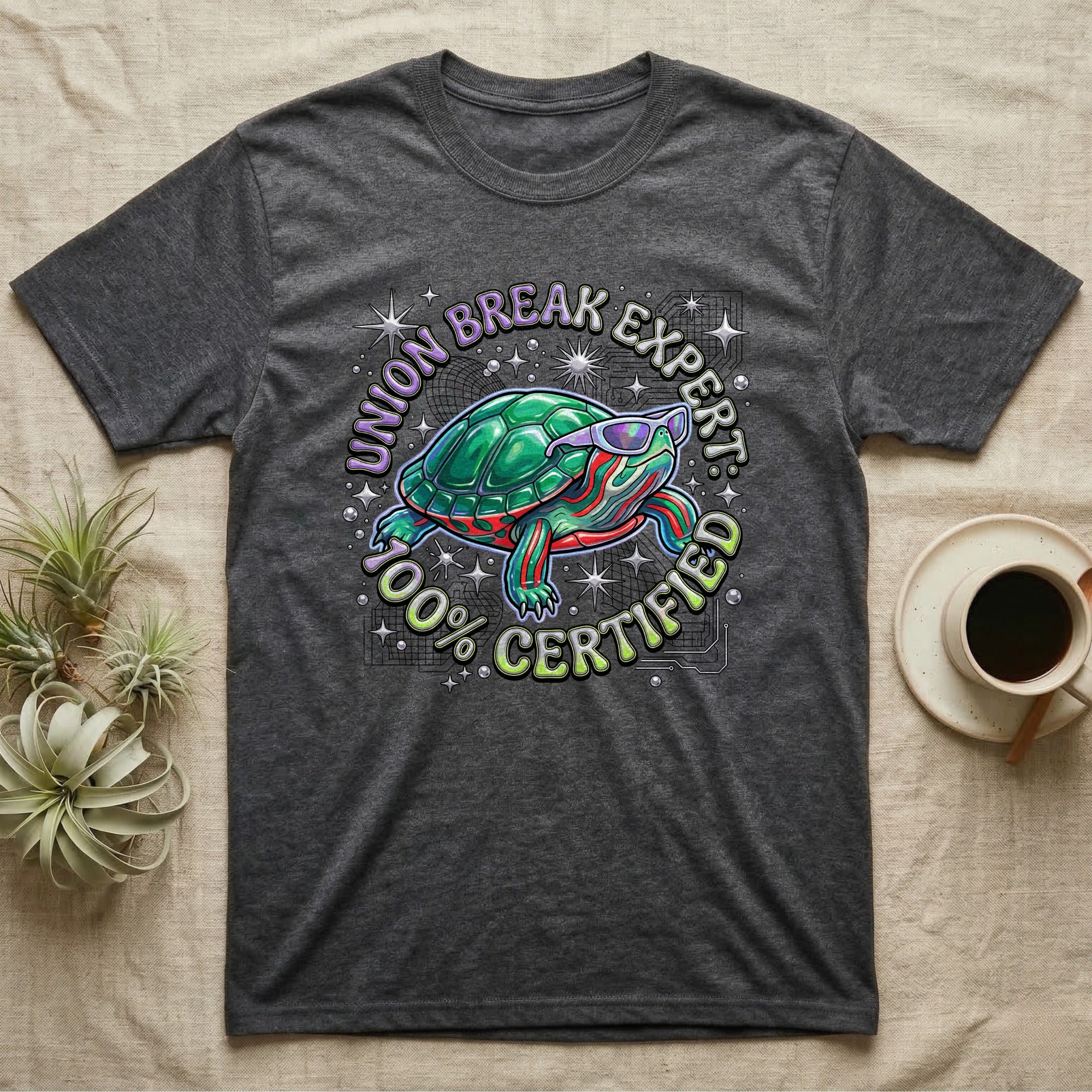 Red-Eared Slider Union Break T-Shirt in Dark Heather — Y2K cartoon red-eared slider turtle in sunglasses with chrome "Union Break Expert 100% Certified" lettering.