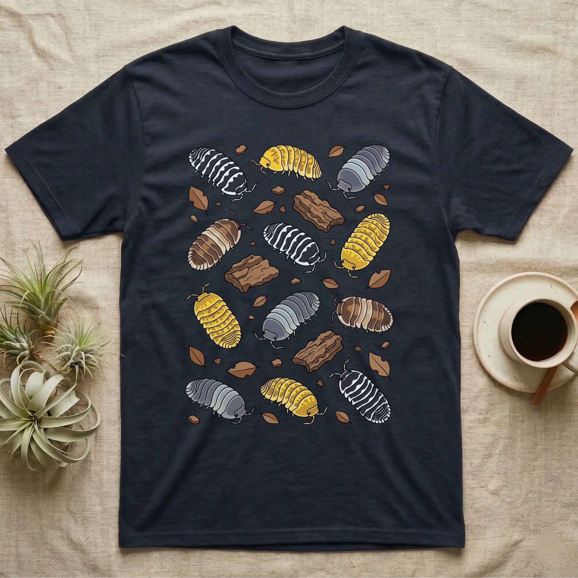 Cubaris Isopod Morphs T-Shirt in Navy — Vector illustration of scattered Cubaris isopod morphs including Panda King, Jupiter, Cappuccino and Zebra on grey.