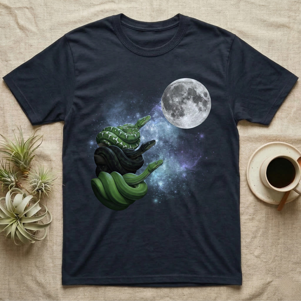 Emerald Tree Boa Moon Howl T-Shirt in Navy — Three Emerald Tree Boa colour morphs howling at a full moon over a nebula on a dark grey t-shirt.