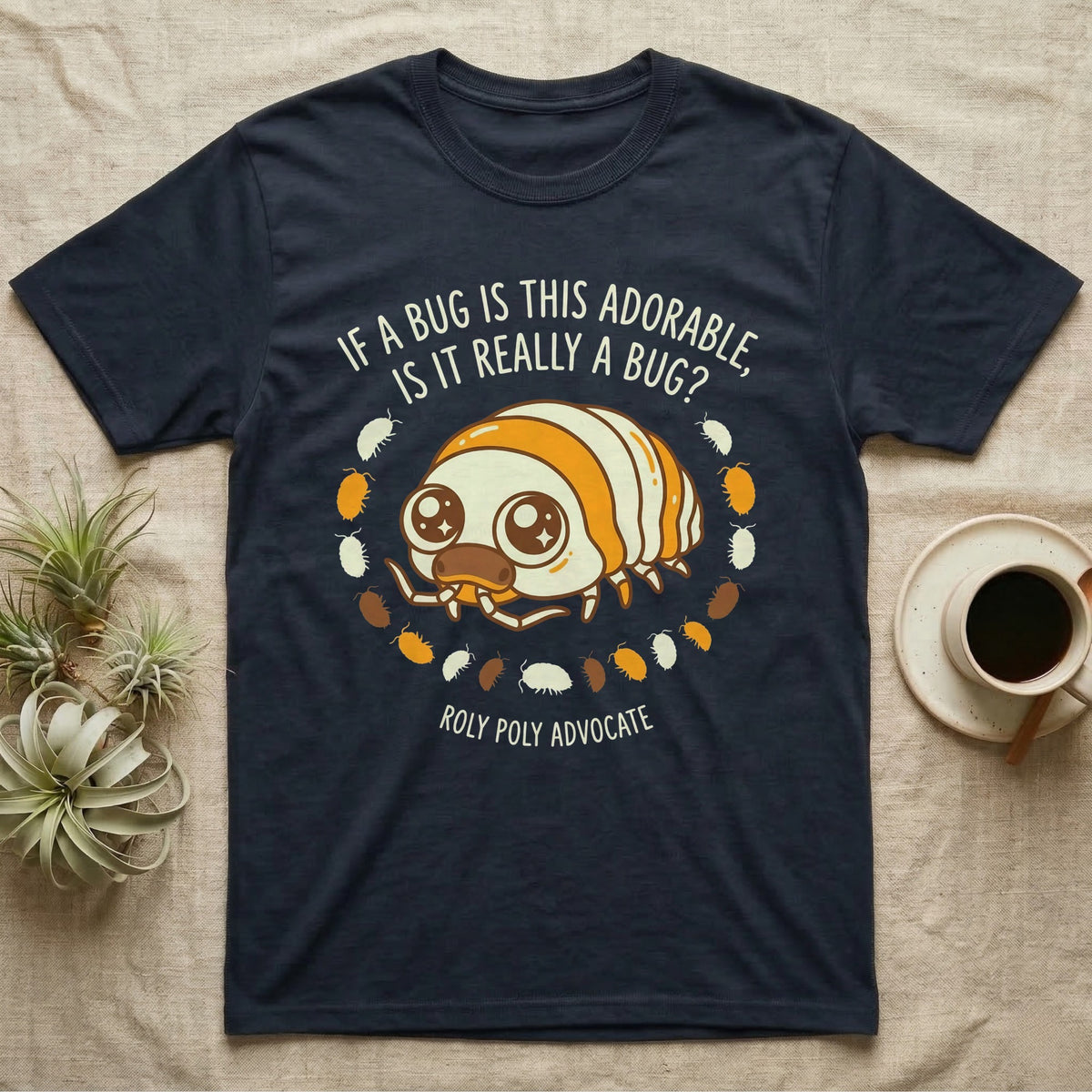 Isopod Roly Poly Advocate T-Shirt in Navy — Cartoon roly poly with sparkling eyes ringed by tiny isopods and hand-lettered adorable-bug question.
