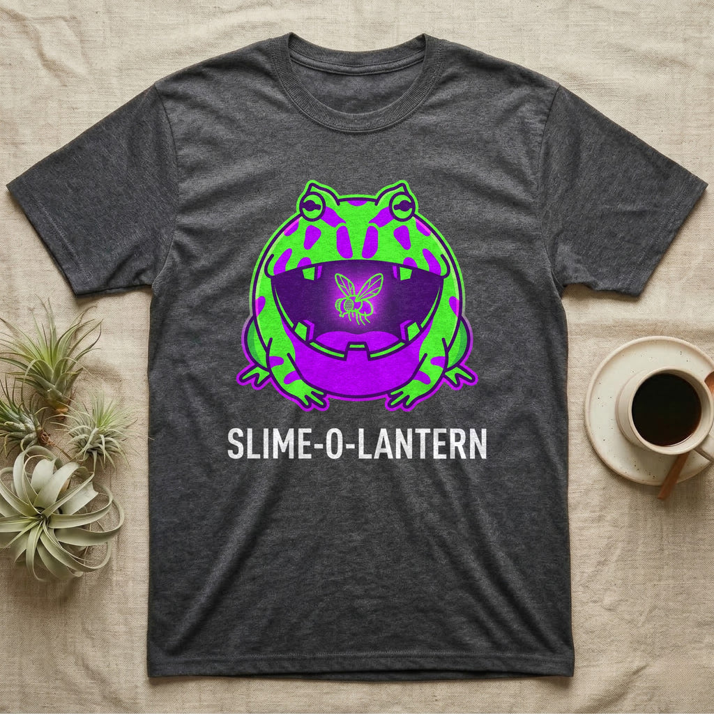 Pacman Frog Slime-O-Lantern T-Shirt in Dark Heather — Neon pop-art Pacman frog shaped like a jack-o'-lantern with a lit fly in its mouth, "Slime-O-Lantern."