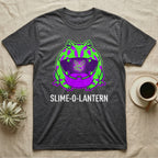 Pacman Frog Slime-O-Lantern T-Shirt in Dark Heather — Neon pop-art Pacman frog shaped like a jack-o'-lantern with a lit fly in its mouth, "Slime-O-Lantern."