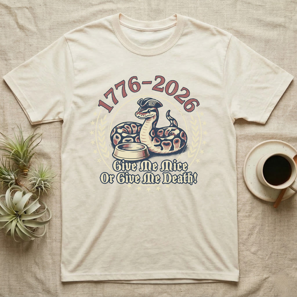 Ball Python 1776 T-Shirt in Natural — Vintage distressed badge of a ball python in a feeding strike over a food dish, cream and brick-red emblem reading Give Me Mice Or Give Me Death.