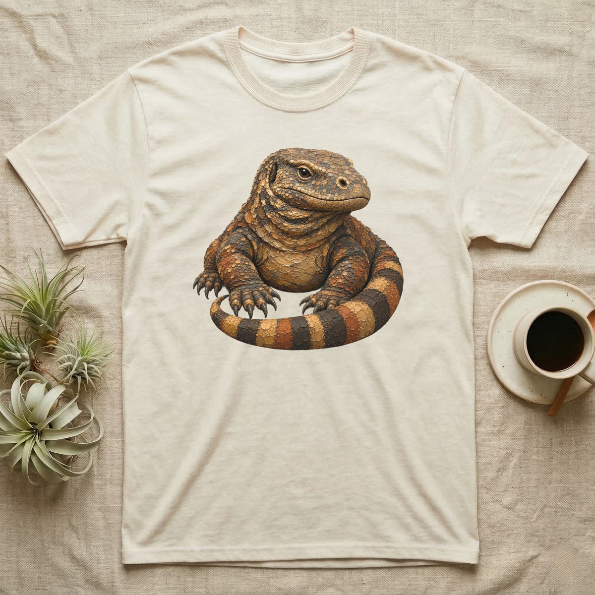 Cream t-shirt with a detailed illustration of a Komodo dragon.