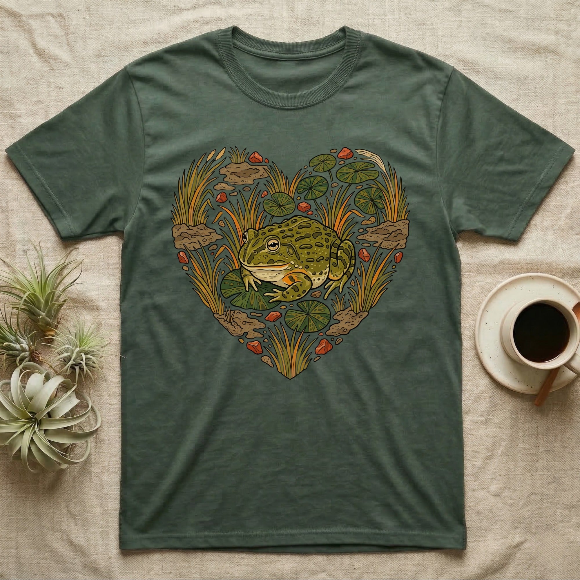 Green t-shirt with a heart-shaped illustration of a frog in a pond.