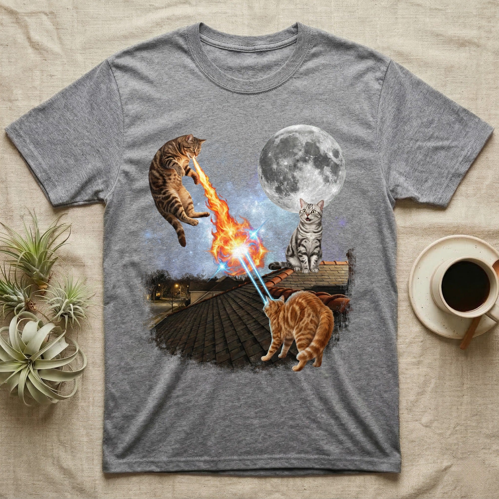 Cats on a rooftop shooting lasers at each other with a full moon behind them.
