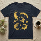Leopard Gecko Cosmic T-Shirt in Navy — Vintage screen-print illustration of leopard geckos in astronaut helmets floating in space, sulfur amber monochromatic on dark background.
