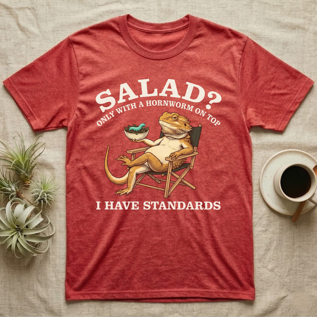 Bearded Dragon Standards T-Shirt in Heather Red — Engraved bearded dragon in a camp chair holding greens topped with a hornworm under text Salad? Only With a Hornworm on Top