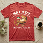 Bearded Dragon Standards T-Shirt in Heather Red — Engraved bearded dragon in a camp chair holding greens topped with a hornworm under text Salad? Only With a Hornworm on Top